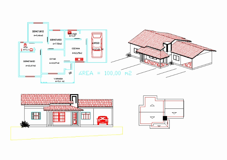 Ejemplo de planta de casa de 100 m² con fachadas