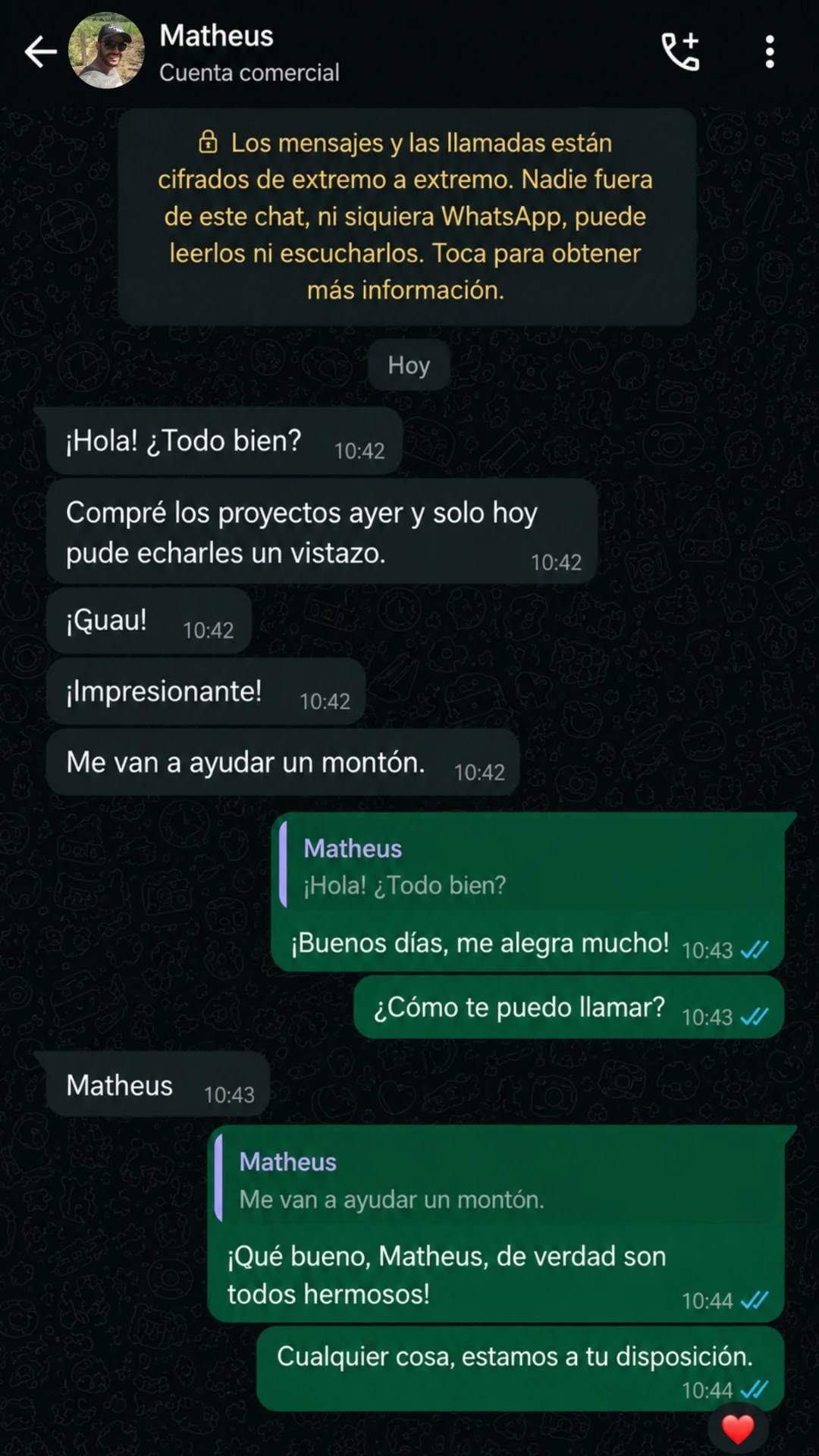 Feedback de Matheus: proyectos impresionantes y de gran ayuda